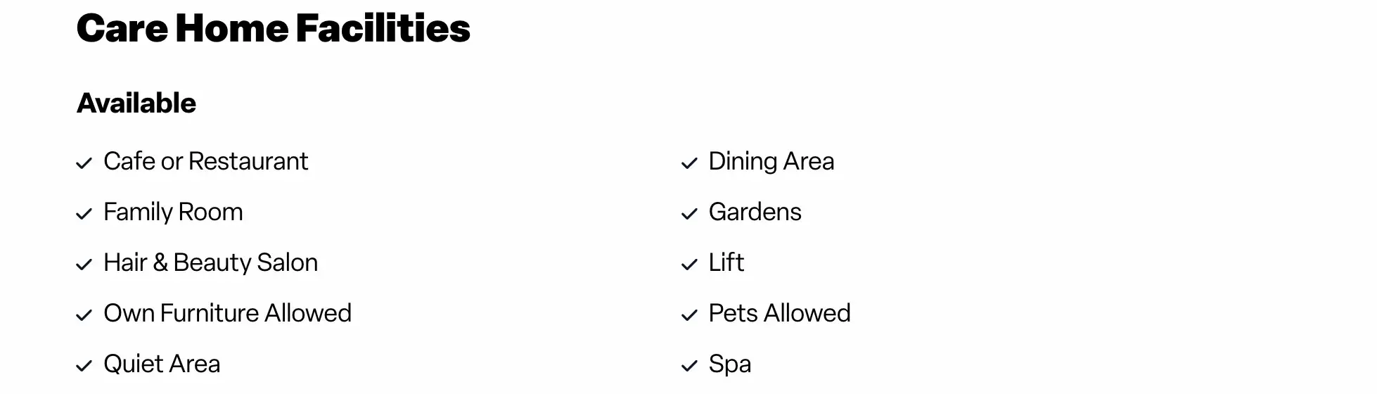 Care home facilities on a Lottie care home listing