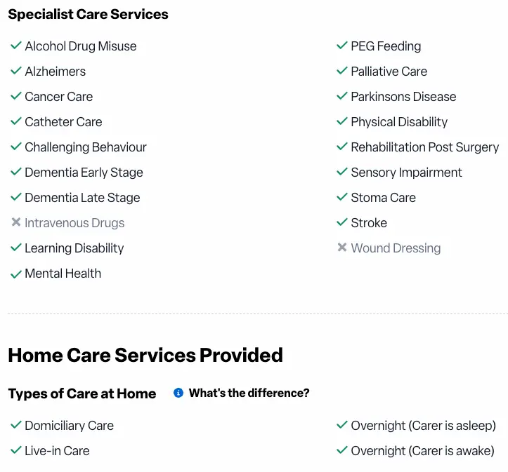 Specialist care services and home care types provided through a Lottie home care partner